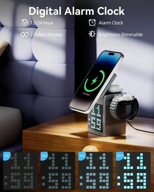Foldable Magnetic Wireless Charger 6 in 1 Bluetooth Speaker & Alarm Clock & Cartoon Pixel For iPhone 16~12 iWatch Airpods 3 Pro