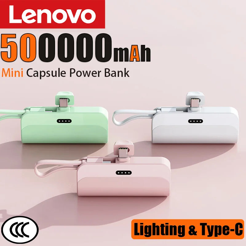 Lenovo 500000mAh Capsule Power Bank High Capacity Super Fast Charging Powerbank  Portable External Battery For All Phones New