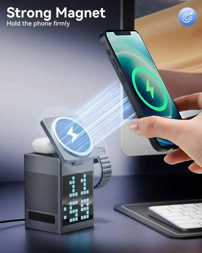 Foldable Magnetic Wireless Charger 6 in 1 Bluetooth Speaker & Alarm Clock & Cartoon Pixel For iPhone 16~12 iWatch Airpods 3 Pro