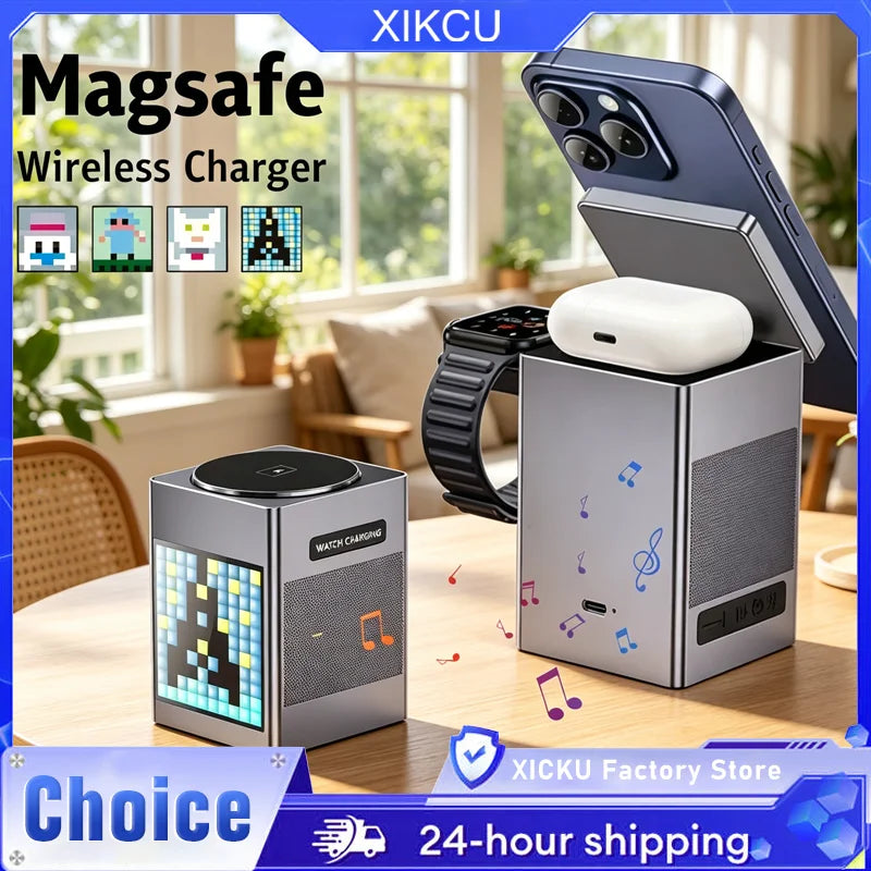 Foldable Magnetic Wireless Charger 6 in 1 Bluetooth Speaker & Alarm Clock & Cartoon Pixel For iPhone 16~12 iWatch Airpods 3 Pro