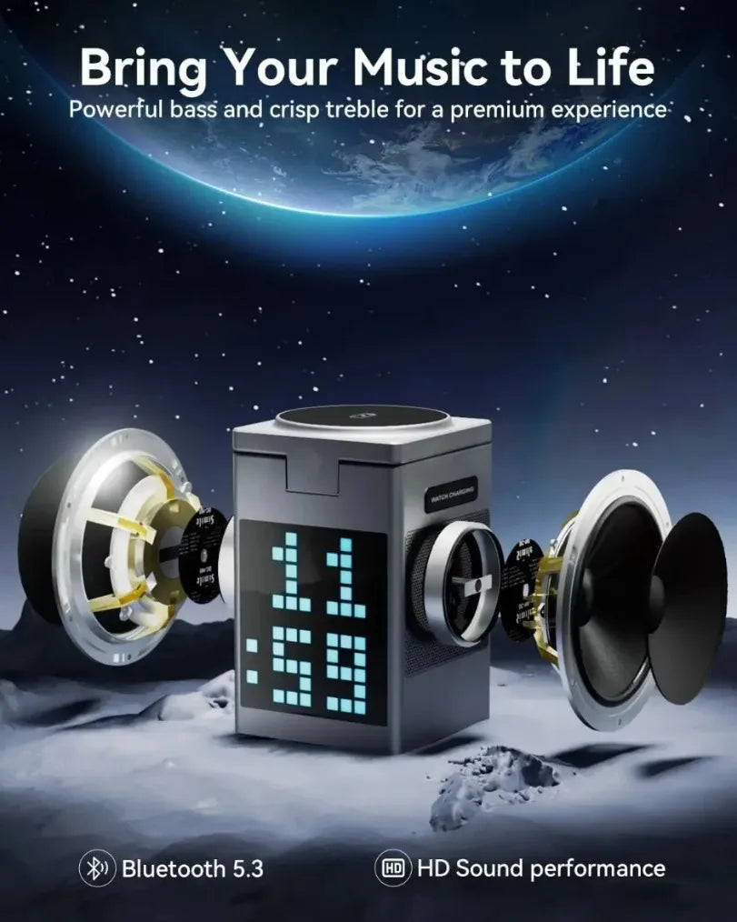 Foldable Magnetic Wireless Charger 6 in 1 Bluetooth Speaker & Alarm Clock & Cartoon Pixel For iPhone 16~12 iWatch Airpods 3 Pro